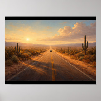 Desert road with a single car far away poster