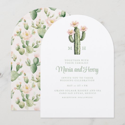 Desert Roos Cactus Monogram Trouwen Kaart (Voorkant / Achterkant)