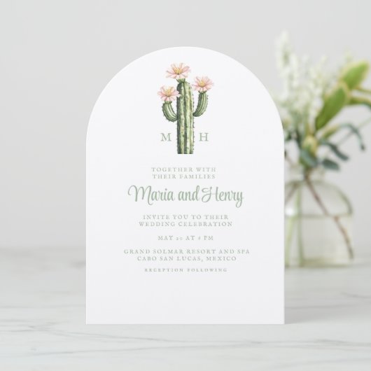 Desert Roos Cactus Monogram Trouwen Kaart (Staand voorkant)