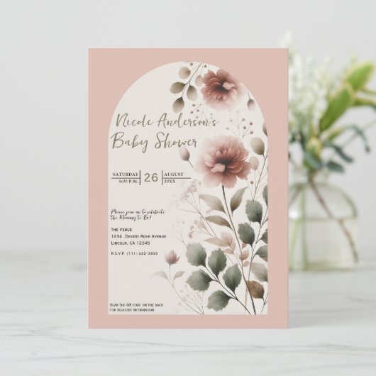 Desert Roos Roze & Groene Bloemen Baby shower Kaart (Staand voorkant)