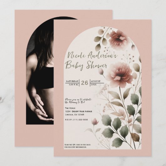 Desert Roos Roze & Groene Bloemen Baby shower Kaart (Voorkant / Achterkant)