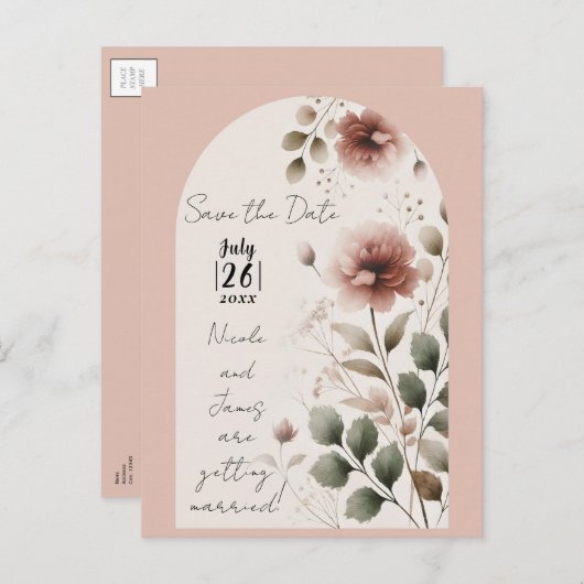 Desert Roos Roze & Groene Bloemen Bewaar de datum Aankondigingskaart (Voorkant / Achterkant)