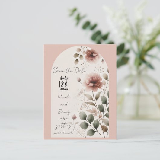 Desert Roos Roze & Groene Bloemen Bewaar de datum Aankondigingskaart (Staand voorkant)