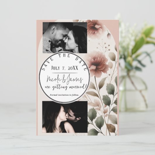 Desert Roos Roze & Groene Bloemen Bewaar de datum Kaart (Staand voorkant)
