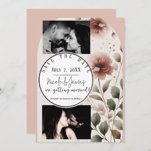 Desert Roos Roze & Groene Bloemen Bewaar de datum Kaart (Voorkant / Achterkant)