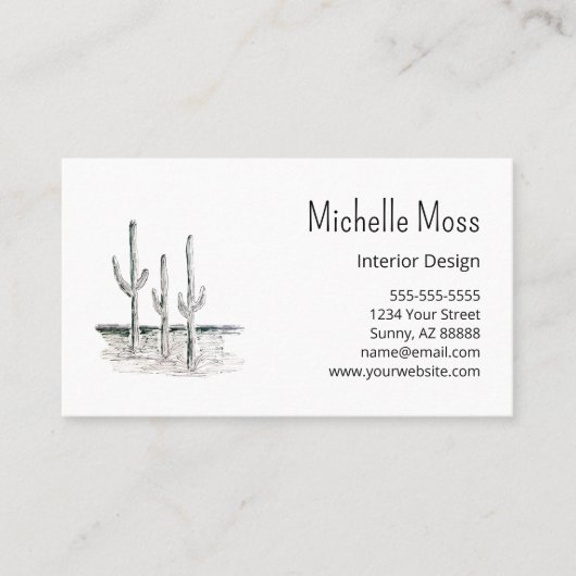 Desert Saguaro Cactus Minimalist Zwart Wit Visitekaartje (Voorkant)