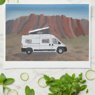 Desert Scene Van Life Kitchen Towel White Van Theedoek