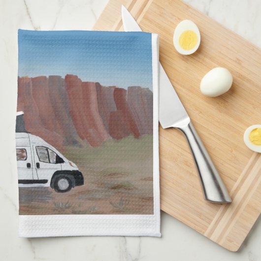 Desert Scene Van Life Kitchen Towel White Van Theedoek (Quarter Fold)
