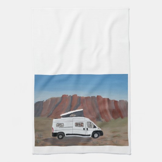 Desert Scene Van Life Kitchen Towel White Van Theedoek (Verticaal)