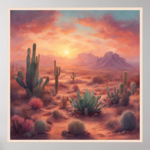 Desert Sequoia Cactus Kleurrijke Zonsopgang Kunst Poster