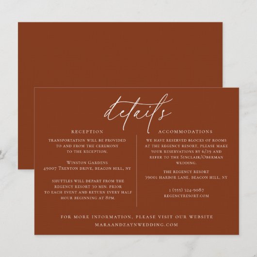 Desert Sienna Minimalistische Huwelijksdetailkaart Kaart (Voorkant / Achterkant)