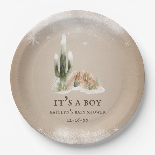 Desert Snow Cactus Baby shower Papieren Bordje (Voorkant)