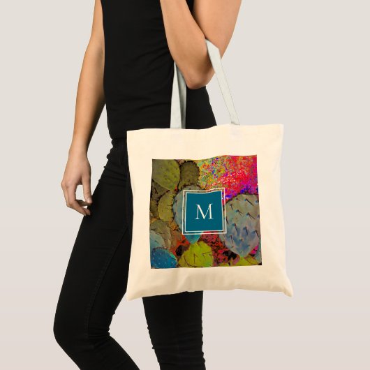 Desert Southwest Monogram Prickly Pear Cactus Tote Bag (Voorkant (product))