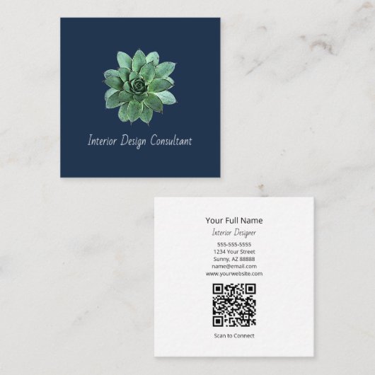 Desert Succulent QR code Modern Navy Blue Vierkante Visitekaartje (Voorkant / Achterkant)