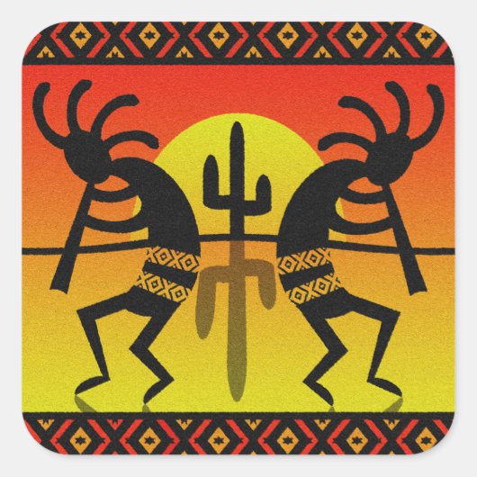 Desert Sun Cactus Southwest Kokopelli Vierkante Sticker (Voorkant)
