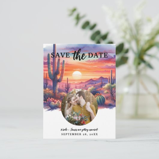 Desert Sunset Glow Waterverf Sla de datum op Aankondigingskaart (Staand voorkant)