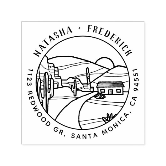 Desert Sunset | Rustic Cactus Round Return-adres Zelfinktende Stempel (Design)