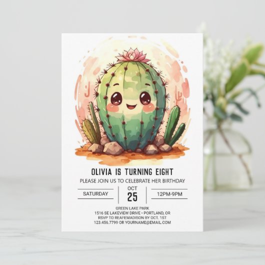 Desert Wild West Roze Cactus Meisje Verjaardag Kaart (Staand voorkant)