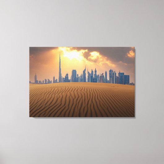 Deserts Dubai's Skyline View from Sand Dune Canvas Afdruk (Voorkant)