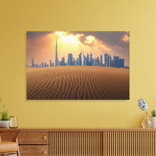 Deserts Dubai's Skyline View from Sand Dune Canvas Afdruk (Insitu (Woonkamer))