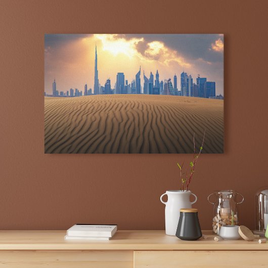 Deserts Dubai's Skyline View from Sand Dune Canvas Afdruk