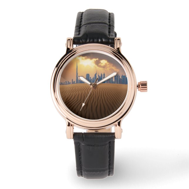 Deserts Dubai's Skyline View from Sand Dune Horloge (Voorkant)