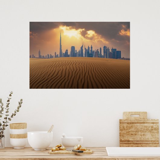 Deserts Dubai's Skyline View from Sand Dune Poster (Keuken)