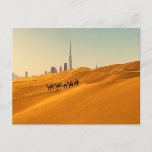Deserts Dubai's Skyline View with Camels Briefkaart (Voorkant)