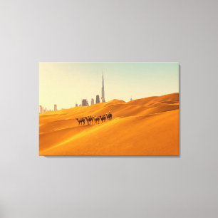 Deserts Dubai's Skyline View with Camels Canvas Afdruk