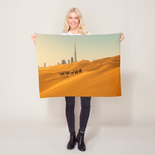 Deserts | Dubai's Skyline View with Camels Fleece Deken (In situ)