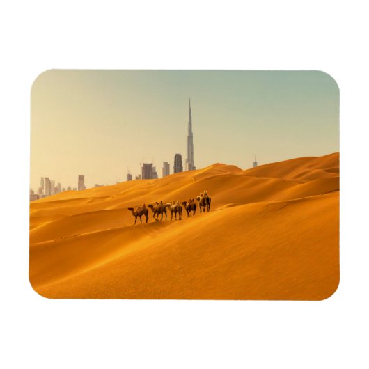 Deserts Dubai's Skyline View with Camels Magneet (Horizontaal)