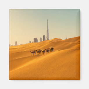 Deserts Dubai's Skyline View with Camels Magneet