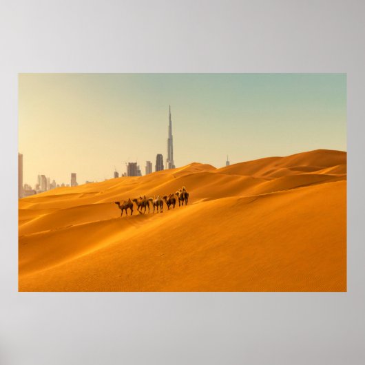 Deserts Dubai's Skyline View with Camels Poster (Voorkant)