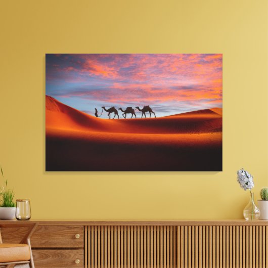 Deserts Man & Camels in the Sand Dunes Canvas Afdruk (Insitu (Woonkamer))