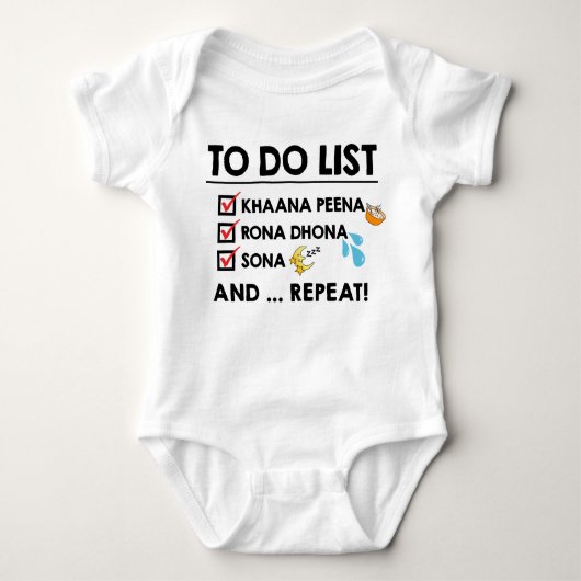 Desi Baby to-Do List! (Eet, Cry, Slaap) Romper (Voorkant)