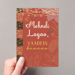 Desi Indiase Pakistaanse trouwfeest Mehndi-tekens Acryl Uitnodigingen