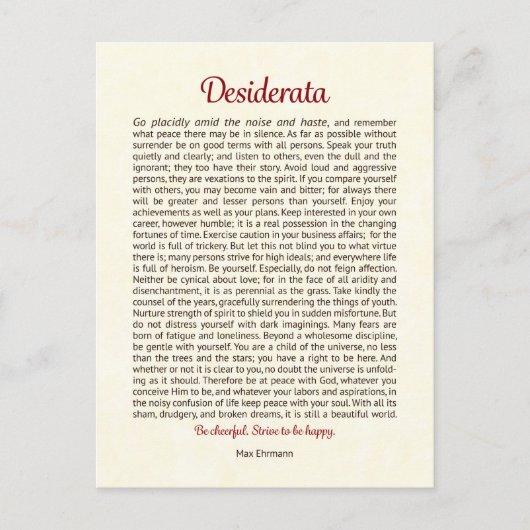 Desiderata-ansichtkaart | Desiderata Mini Kunst Briefkaart (Voorkant)