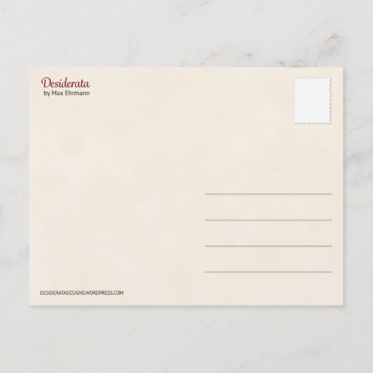 Desiderata ansichtkaart | Desiderata mini-kunst Briefkaart (Achterkant)