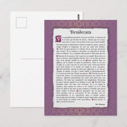 Desiderata - Choses désirées - poème Briefkaart (Voorkant / Achterkant)