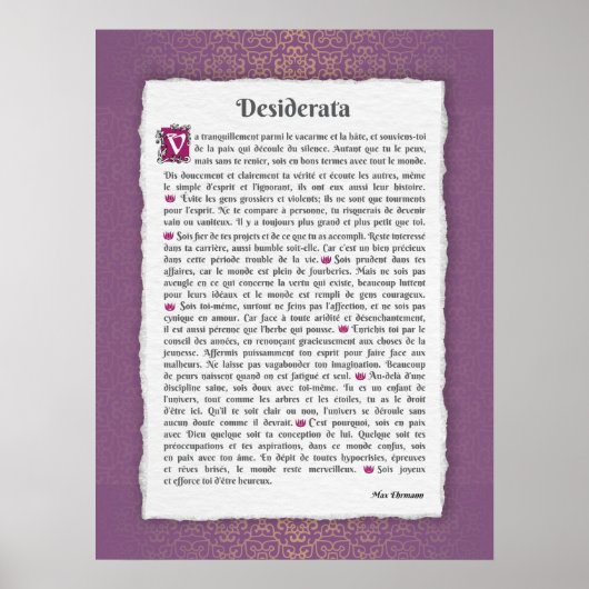 Desiderata - Choses désirées - poème Poster (Voorkant)