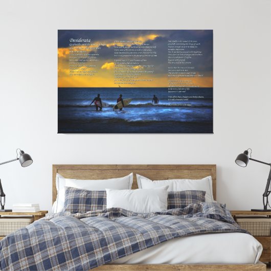 Desiderata gedicht over surfen bij zonsondergang - canvas afdruk (Insitu (Slaapkamer))