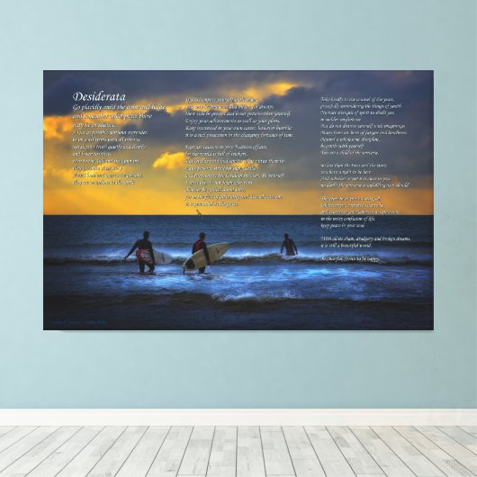Desiderata gedicht over surfen bij zonsondergang - canvas afdruk (Insitu (Houten vloer))