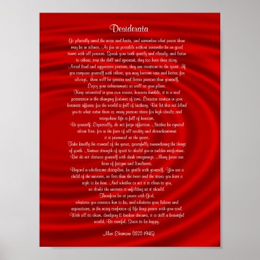 Desiderata "gewenste dingen", proza op rood poster