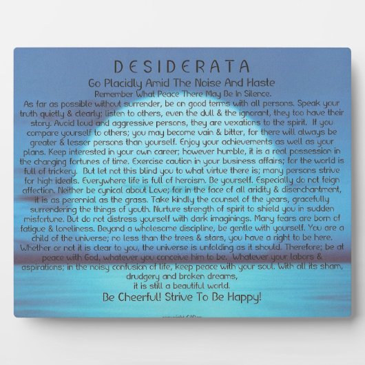 Desiderata Poem op Blue Sunset Fotoplaat (Voorkant)