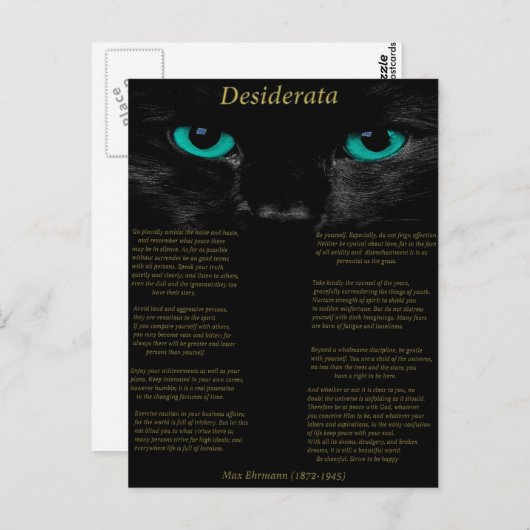 Desiderata zwarte kat met zijn turquoise ogen briefkaart (Voorkant / Achterkant)