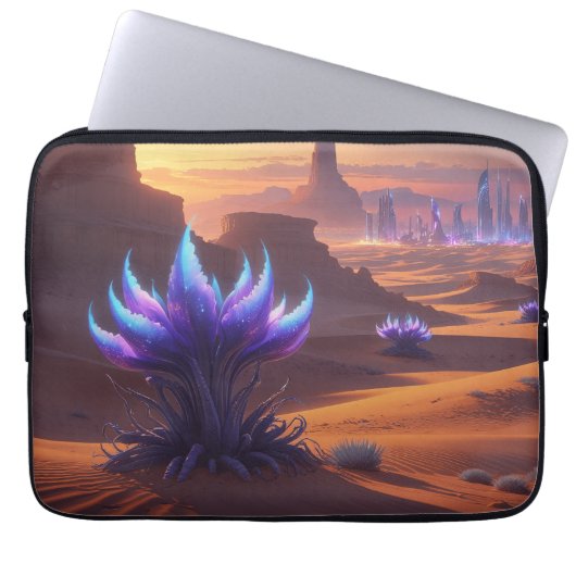 Desierto místico con ciudad futurista laptop sleeve (Voorkant)