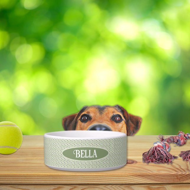  Design Cream en Groene Keramische Hondenschaal Voerbakje (Vintage Cream and Green Personalised Dog Bowl.)