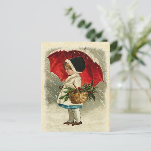 Design Meisje met Kerstparaplu Feestdagenkaart (Staand voorkant)