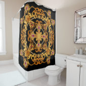 Design of silk scarf with ruby gem stones and gold douchegordijn (In situ)