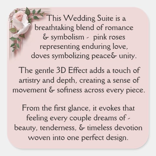 Design Pink Roses & Doves Vierkante Sticker (Voorkant)